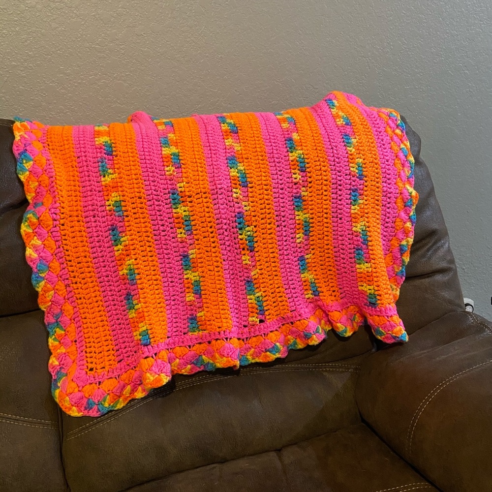 80’s vibe Bright, neon colored handmade Afghan blanket